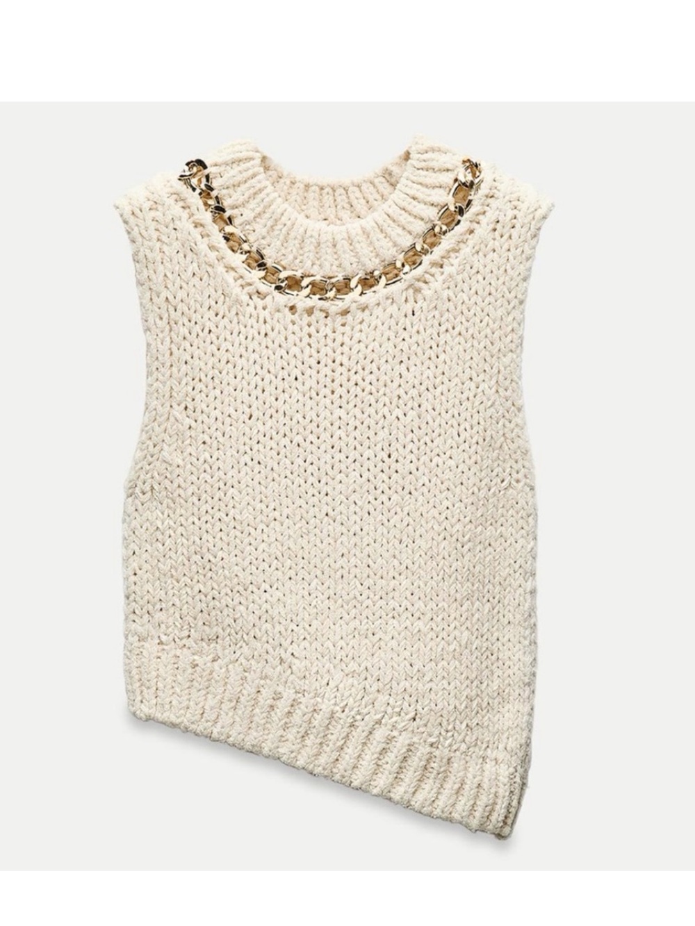 Zara Cream Chunky Knit Sleeveless Top with Gold Chain